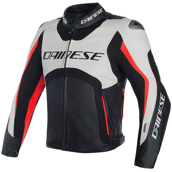 Image of Dainese D-Air Misano Leather Jacket - White / Black / Fluo Red